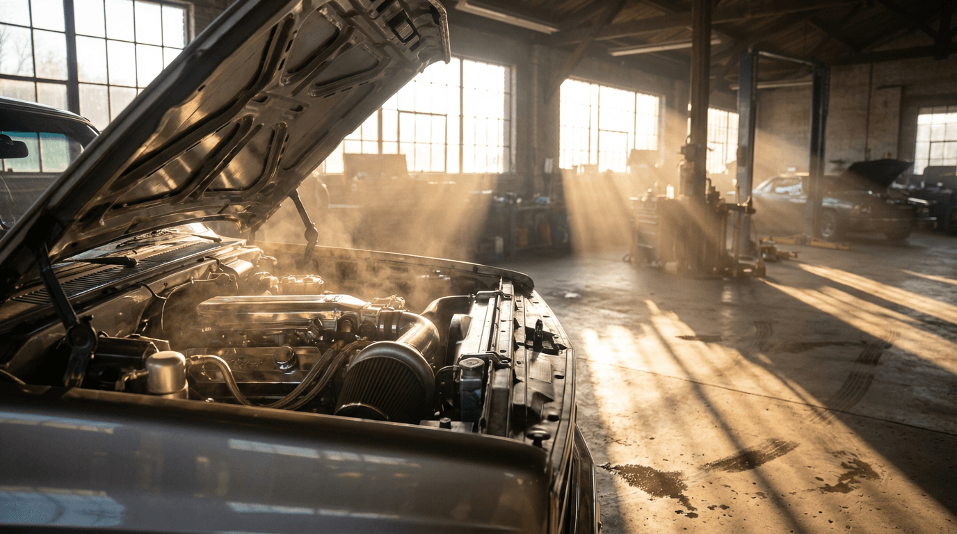 एक आधुनिक कार राजमार्ग पर सूर्योदय के समय खड़ी है, जो विश्वसनीय और आरामदायक यात्रा का प्रतीक है