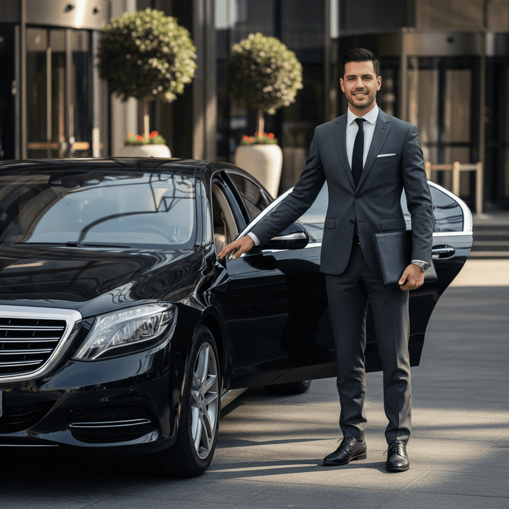 शर्यम समर्थ टूर का अनुभवी चालक दरवाज़े पर सेवा प्रदान करता हुआ